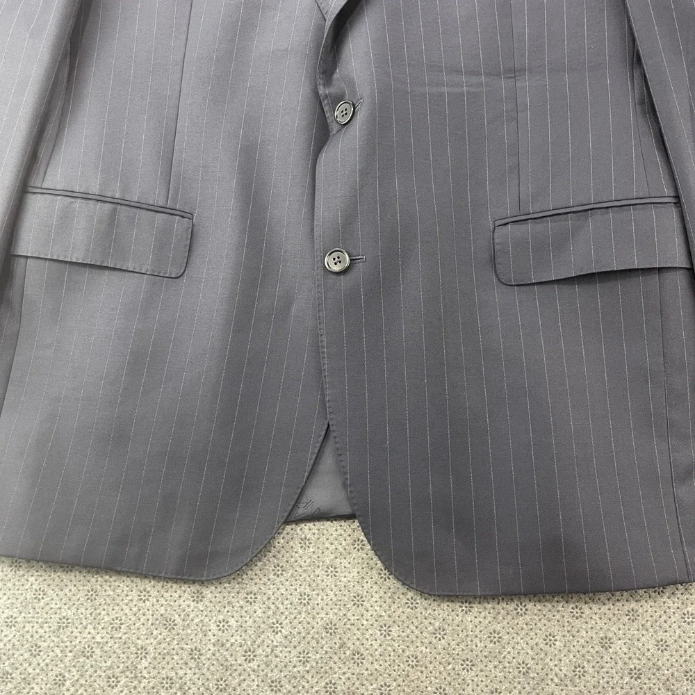 Jos A Bank Signature Gold 43L 36x34 Blue Navy Pinstripe Wool Suit Pleated Cuffed